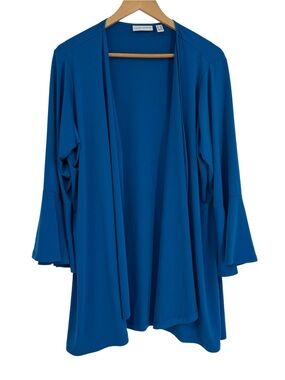 Susan Graver Jacket size 1X Blue Stretch Liquid Knit Open Front Flare Sleeve